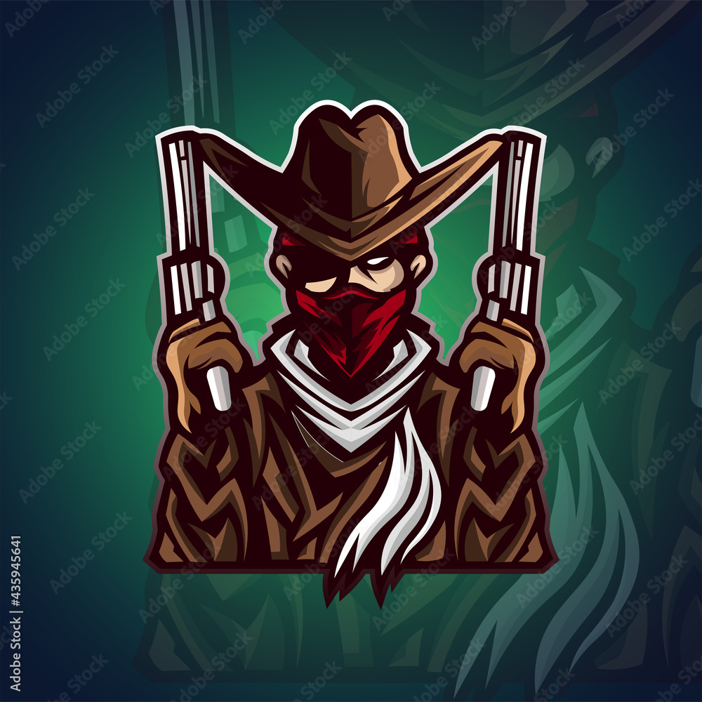 Vector Illustration cowboy logo mascot with red mask and holding a gun for teammate, suitable for your team logo in the field of esports, and it could also be for T-shirts, labels, services, etc.
