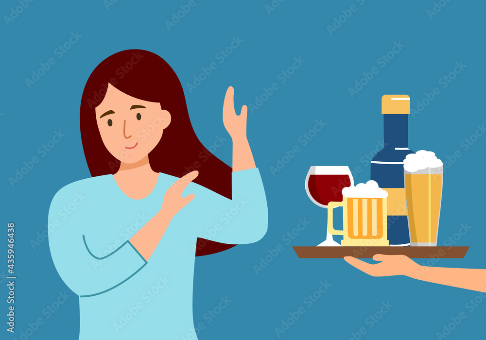 Woman refused drinking alcohol offered by waiter in flat design. Stop drinking beer for good health.
