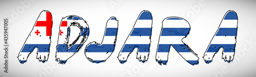 Adjara flag on text typography. Country name banner strip. Creative typography background