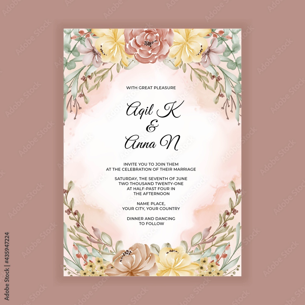 Beautiful watercolor flowers frame with space for wedding invitation