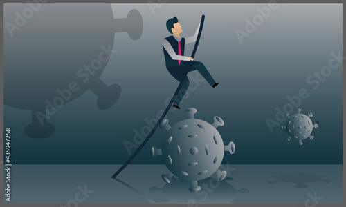 vector flat illustration of businessman jumping through the virus, Business vision new normal after Coronavirus COVID-19 pandemic causing financial crisis and economy recession concept,