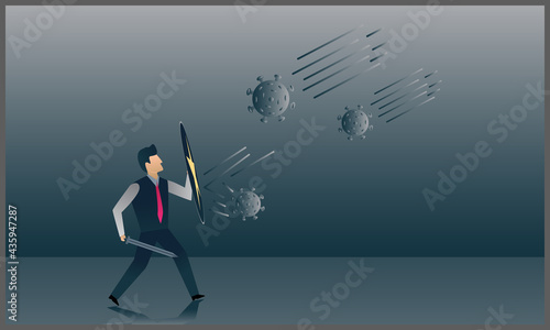 vector flat illustration of COVID-19 Coronavirus protection and quarantine or business risk prevention from novel virus outbreak concept, businessman holding knight shield to protect from COVID-19 