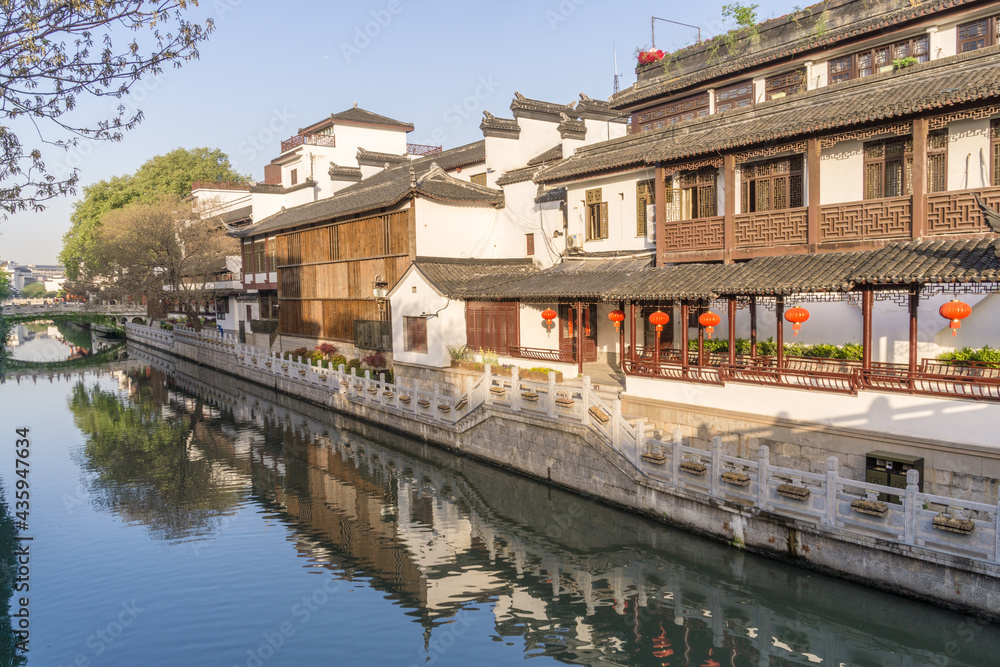 Rivers, roads and ancient buildings in the Confucius Temple scenic spot in Nanjing, Jiangsu Province, China.