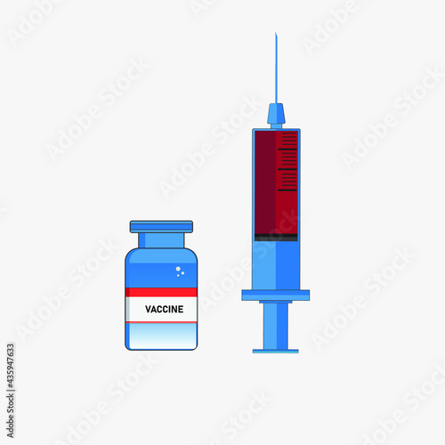 vaccine vial and syringe. syringe for injection, syringe with blue vaccine, vial of medicine. Vector illustration. pandemic covid-19 outbreak. isolated icon.