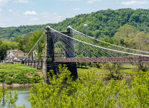 Stone structure of the old suspension bridge carrying the National Road across the Ohio river in Wheeling West Virginia