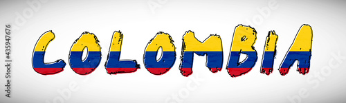 Colombia flag on text typography. Country name banner strip. Creative typography background