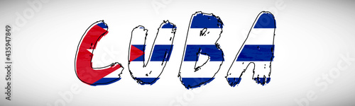 Cuba flag on text typography. Country name banner strip. Creative typography background