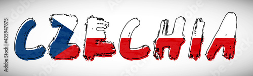 Czechia flag on text typography. Country name banner strip. Creative typography background