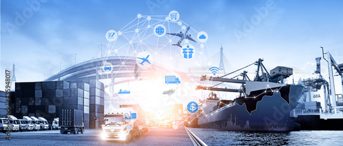 World map with logistic network distribution on background. Logistic and transport concept in front Container Cargo freight ship for Concept of fast or instant shipping, Online goods orders worldwide