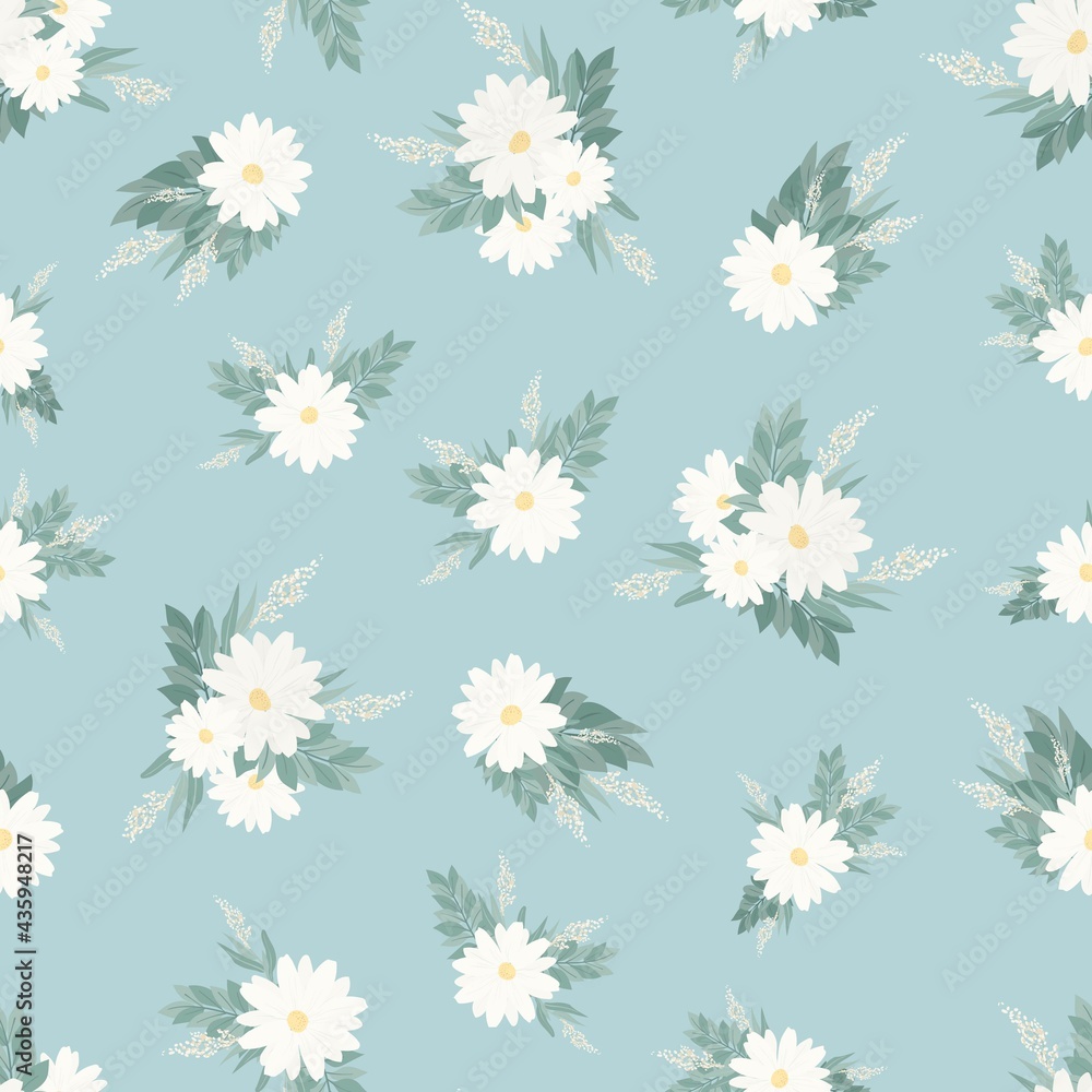 Seamless pattern. Set of bouquets of beautiful spring flowers. White flowers, leaves and branches. Flat isolated vector illustration.