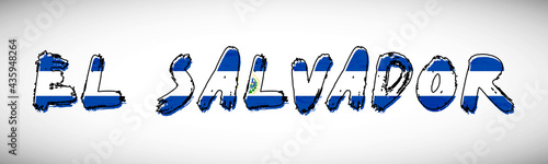 El Salvador flag on text typography. Country name banner strip. Creative typography background