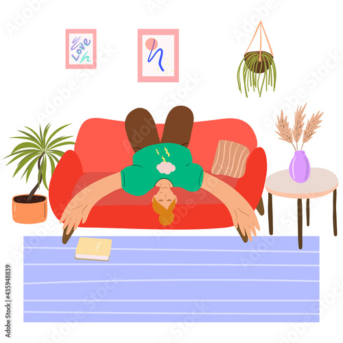 Woman lying at home on the on sofa.The concept of procrastination and apathy. Lazy people.Depressed.Flat illustration