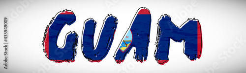 Guam flag on text typography. Country name banner strip. Creative typography background