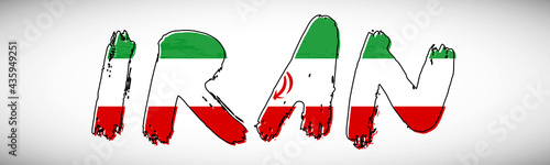 Iran flag on text typography. Country name banner strip. Creative typography background