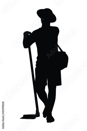 Asian gardener with hoe for working silhouette vector on white background