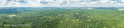 summer rural landscape  panoramic aerial view. big green forest under cloudy sky. Nalibokskaya Forest  Belarus