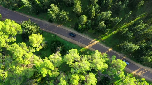 Aerial Lockdown Shot Of Vehicles Moving On Road Amidst Trees, Drone Flying Over Ben Shemen Forest photo