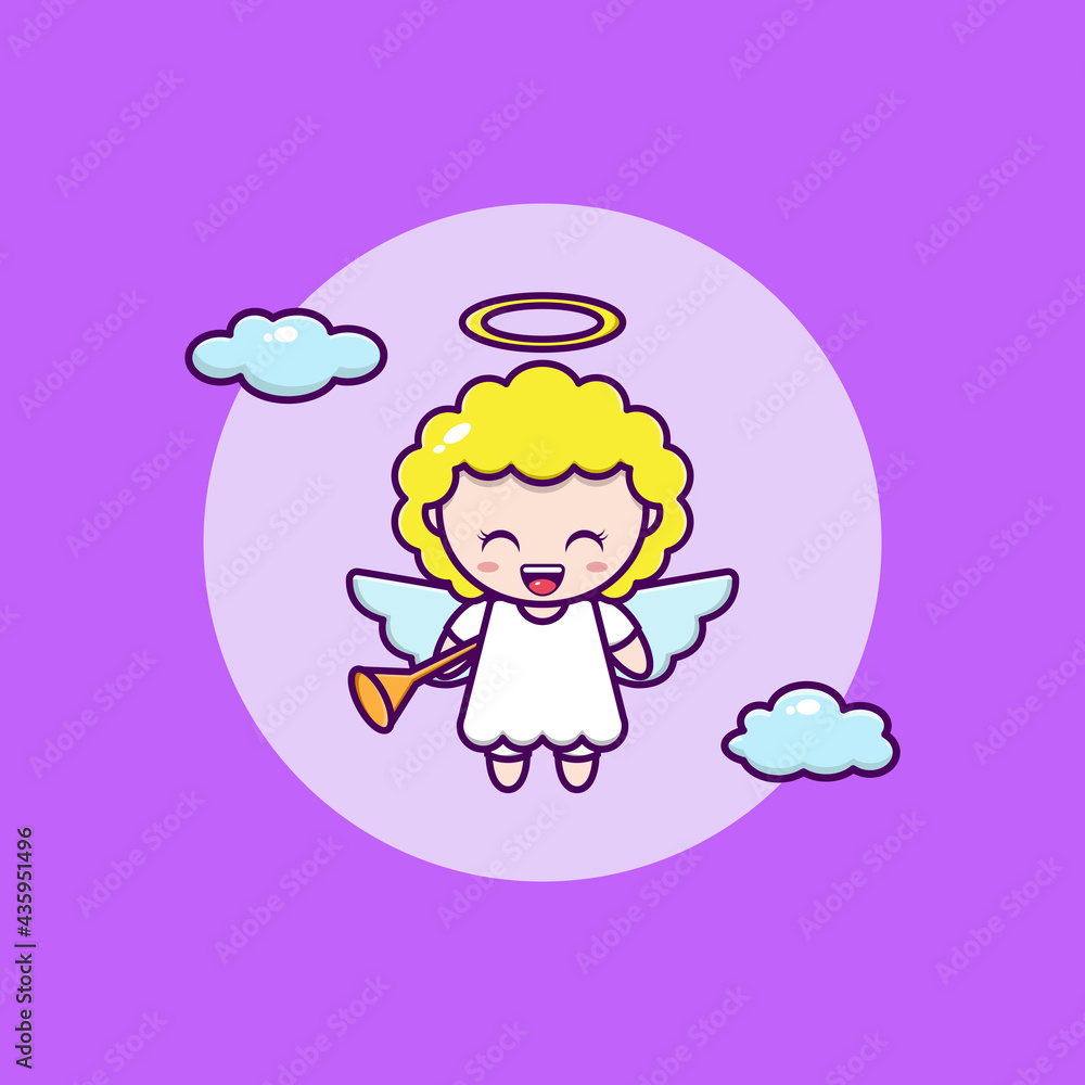 cartoon illustration of cute angel flying with trumpet cartoon illustration of cute angel flying with trumpet
