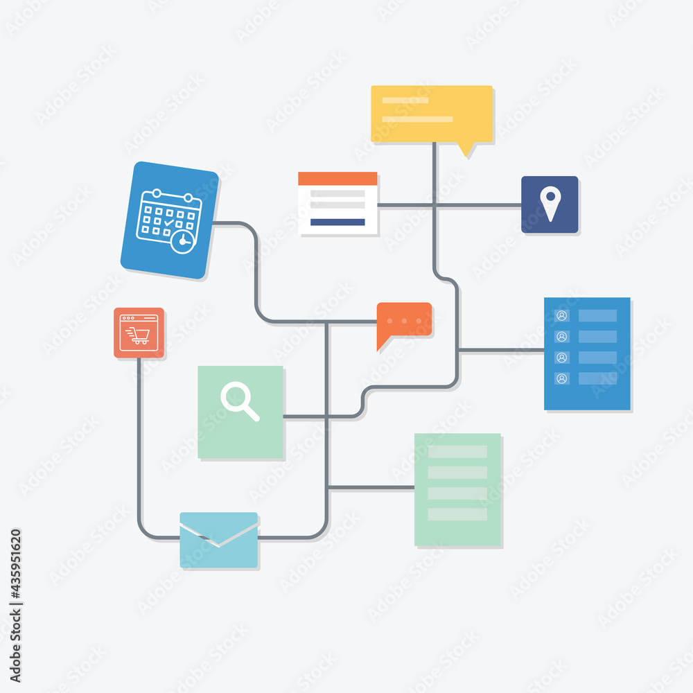email icon illustration, draft, search, location, maps and messages are connected to one another email icon illustration, draft, search, location, maps and messages are connected to one another