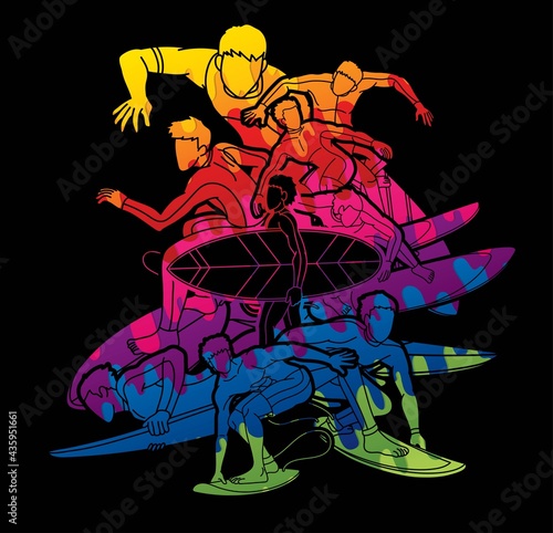 Surfing Sport Surfer Male Players Action Cartoon Graphic Vector