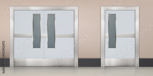 Empty corridor with double doors to laboratory, hospital room or restaurant kitchen. Vector realistic interior of hall in medical clinic, waiting area or lobby with metal doors to lab