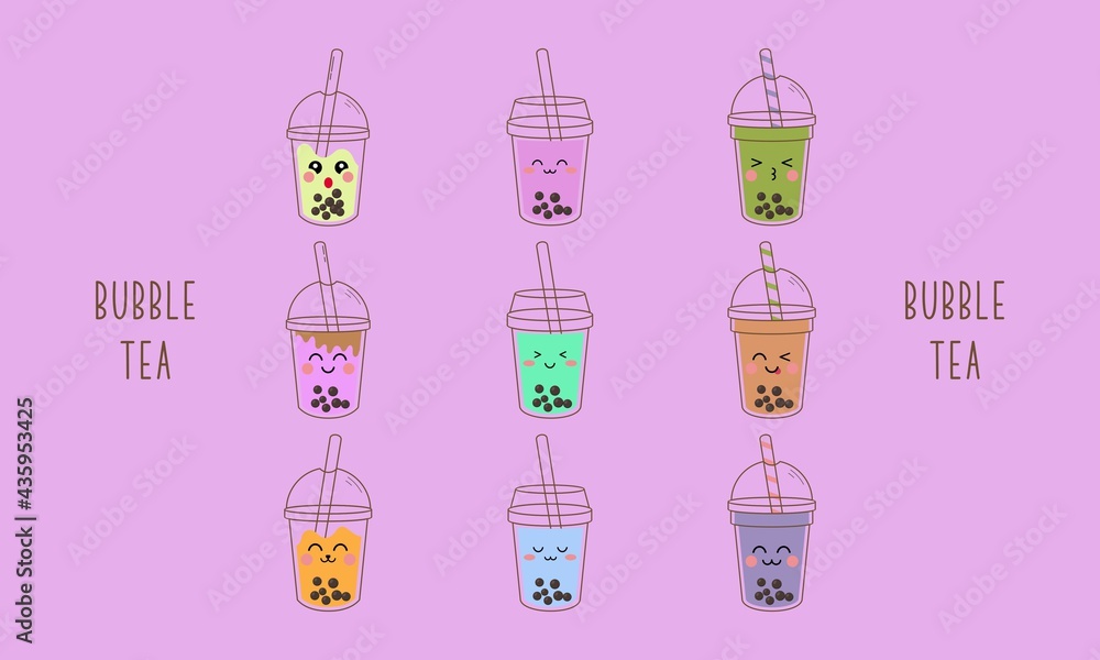 Cute boba milk tea cartoon characters set Stock Vector | Adobe Stock