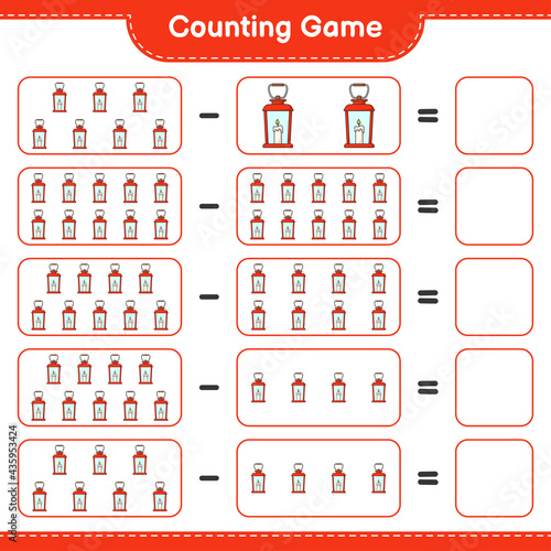 Counting game, count the number of Lantern and write the result. Educational children game, printable worksheet, vector illustration