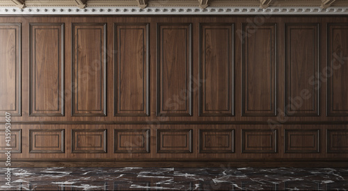 Fototapeta Naklejka Na Ścianę i Meble -  Classic luxury empty room with wooden boiserie on the wall. Walnut wood panels, premium cabinet style. 3d illustration