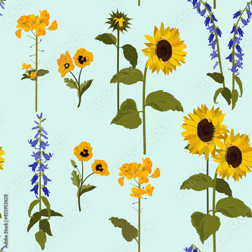 Seamless vector illustration with sunflowers,pansies and campanula on a blue background.