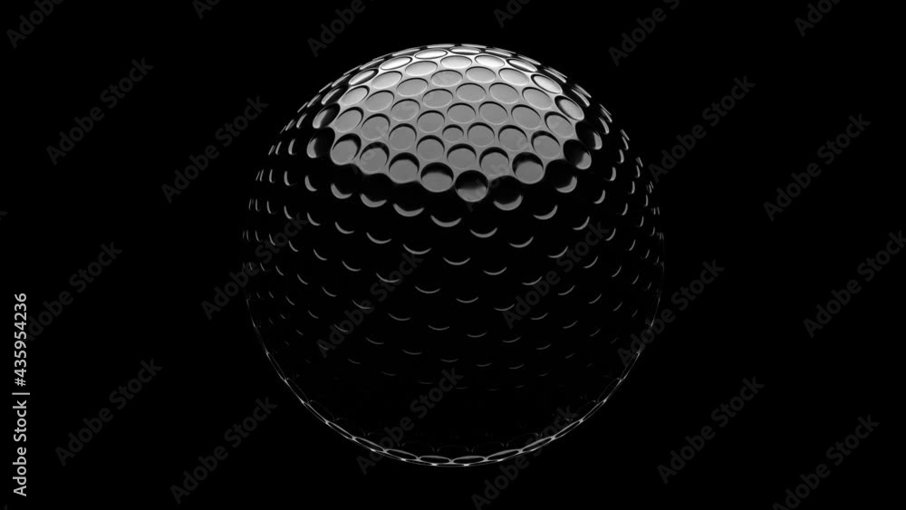 Black golf ball isolated on black background. Loop able 3d animation