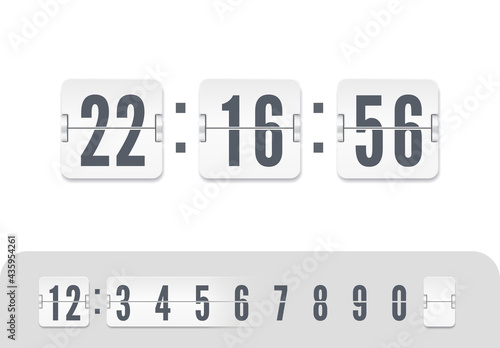 White scoreboard number font. Flip countdown number with reflections isolated on white background. Vintage flip clock time counter vector template. Vector illustration template.