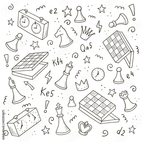 Hand drawn set of cartoon chess game elements. Doodle sketch style. Isolated vector illustration for a chess club, tournaments, competition, championship.