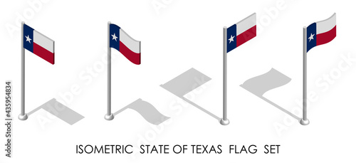 isometric flag of american state of Texas in static position and in motion on flagpole. 3d vector