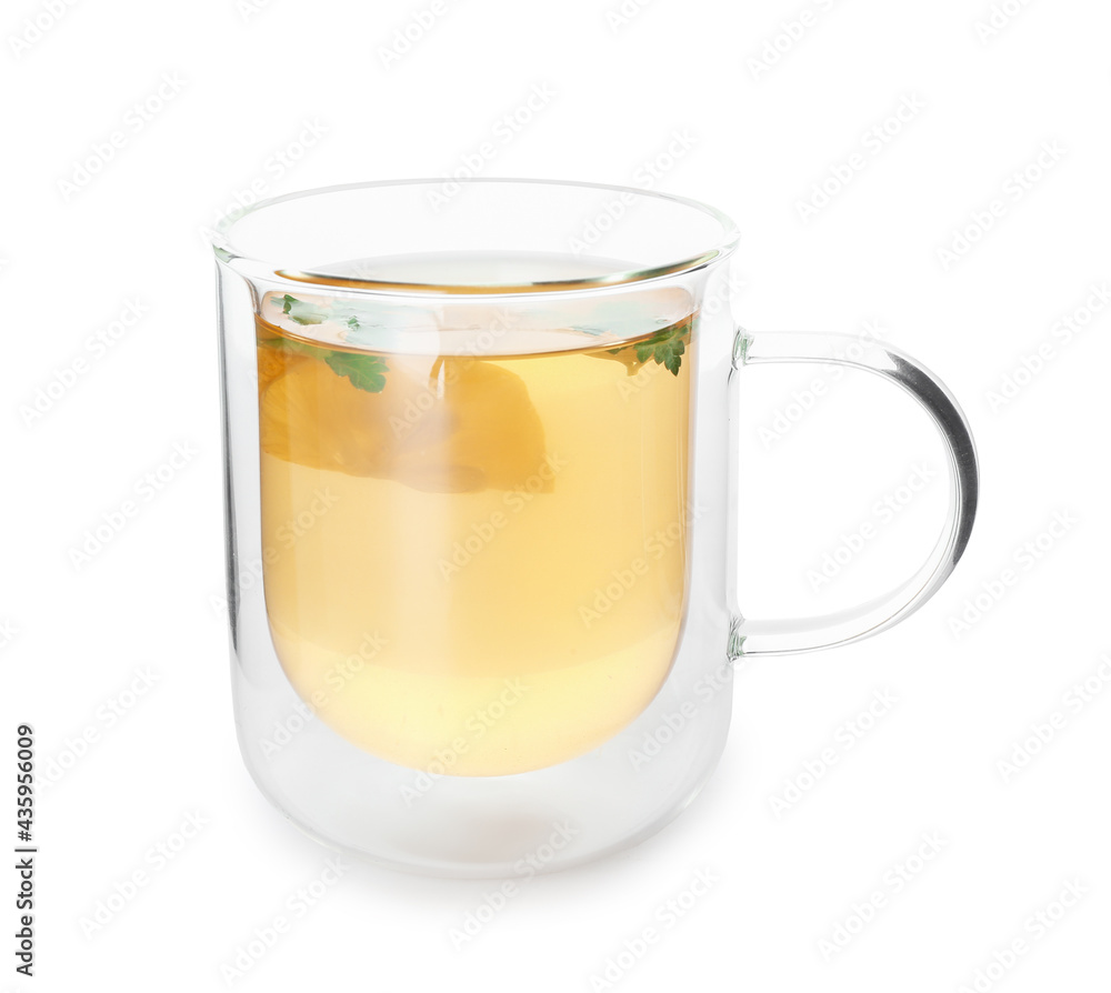 Cup of hot tea with parsley on white background Cup of hot tea with parsley on white background