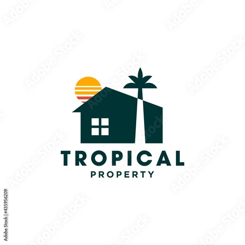 house with palm tree and sun logo vector, tropical beach home or hotel icon design illustration