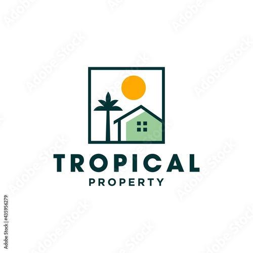 house with palm tree and sun logo vector, tropical beach home or hotel icon design illustration