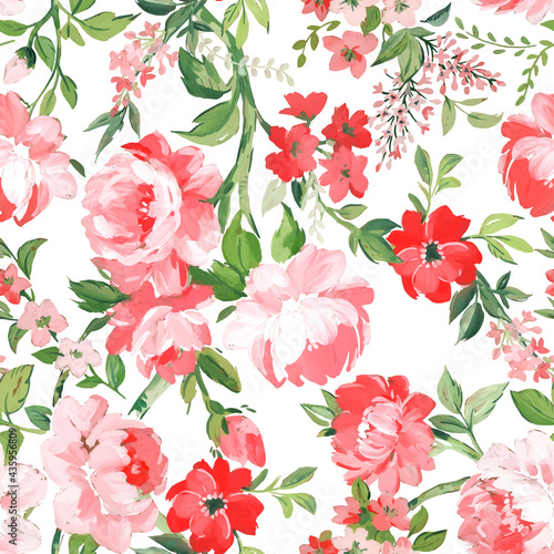 Beautiful vector seamless pattern with hand drawn watercolor summer pink gentle flowers. Stock floral illustration.