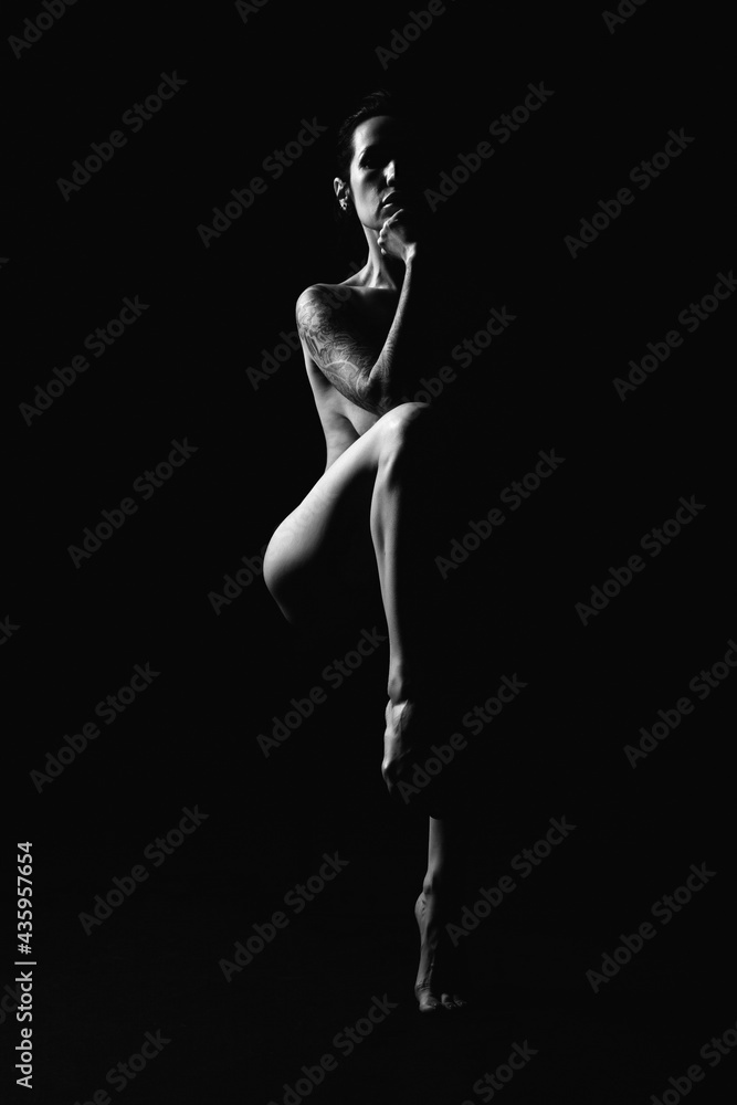 silhouette of a young, slender, on a black background in a photo studio silhouette of a young, slender, on a black background in a photo studio