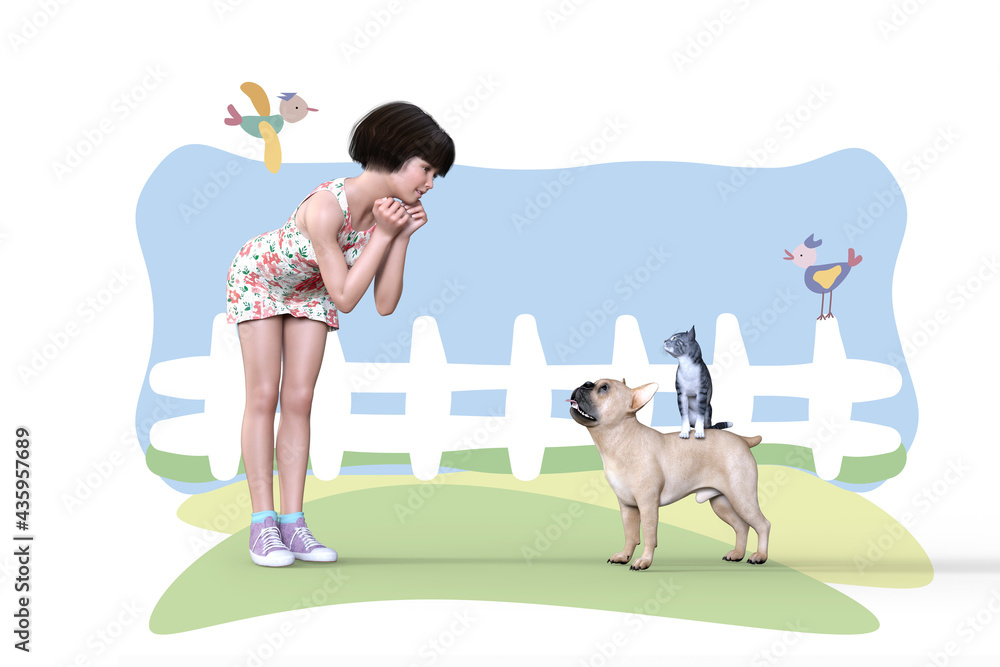 Illustrazione Stock おかっぱの幼い少女がフレンチブルドッグと背中に乗る猫がお互いにイラスト風背景の前で見つめ合っている Adobe Stock