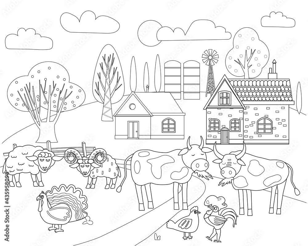 Farm animals coloring book educational illustration for children. Set cute cow, buffolo, sheep, rooster, rural landscape colouring page. Vector black white outline cartoon characters