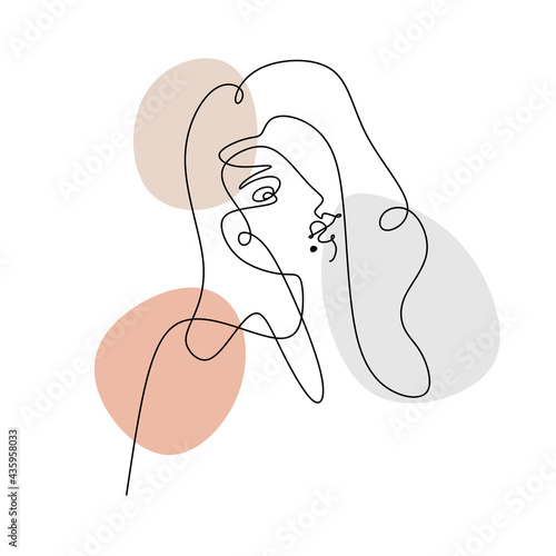 Continuous one line of woman face abstract with long hair and birthmark under lips. Cute woman face in single line style isolated on white background.