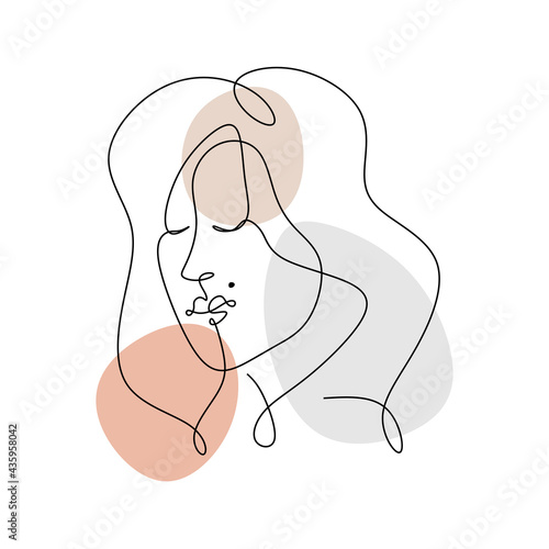 Continuous one line of woman face abstract with birthmark on lips. Beautiful abstract woman face in single line style isolated on white background.