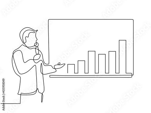 Continuous one line of man doing business presentation. One line of businessman presenting economic graphic.