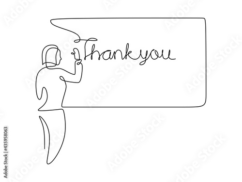 Continuous one line of woman writing thank you word on whiteboard. Woman teacher writing thank you in front of classroom.