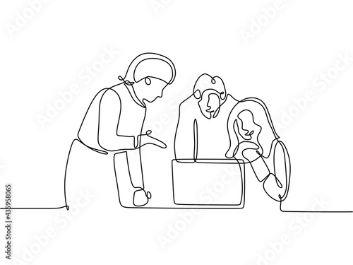 Continuous one line of businessman doing discussion with laptop on the table. Businessman and businesswomen discussing something isolated on white background.