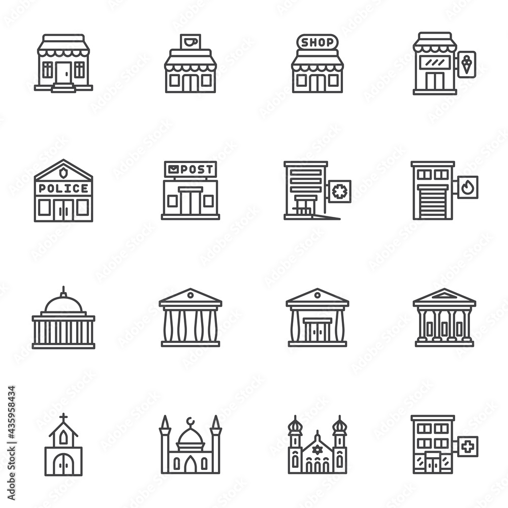 Buildings architecture line icons set