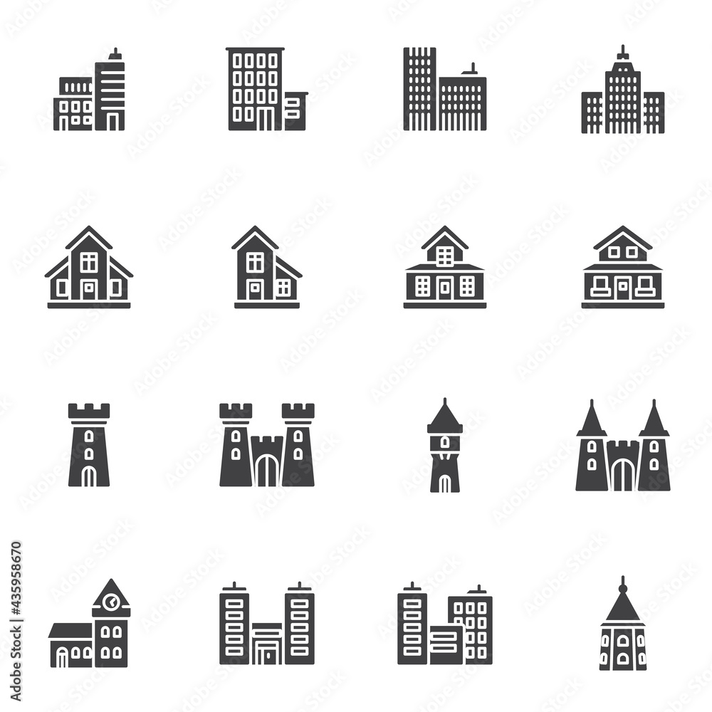 Types of buildings vector icons set