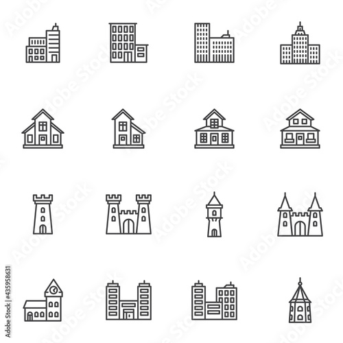 Types of buildings line icons set