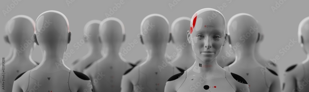 group of robots in female image standing in rows artificial intelligence and robotics concept group of robots in female image standing in rows artificial intelligence and robotics concept