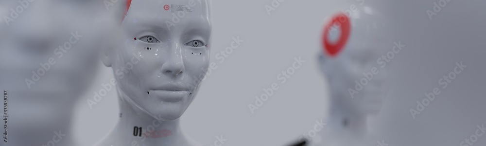 group of robots in female image standing in rows artificial intelligence and robotics concept group of robots in female image standing in rows artificial intelligence and robotics concept